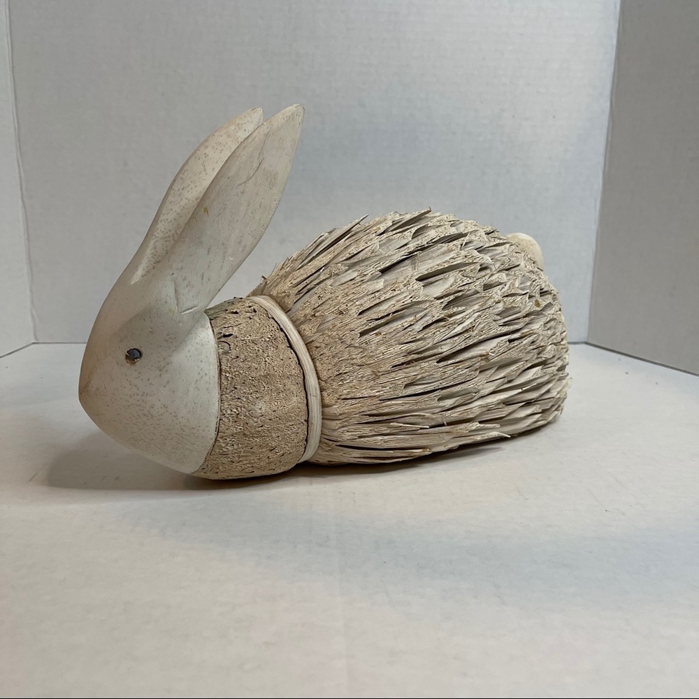 Vintage Wood Straw Bunny Rabbit Figurine Carved